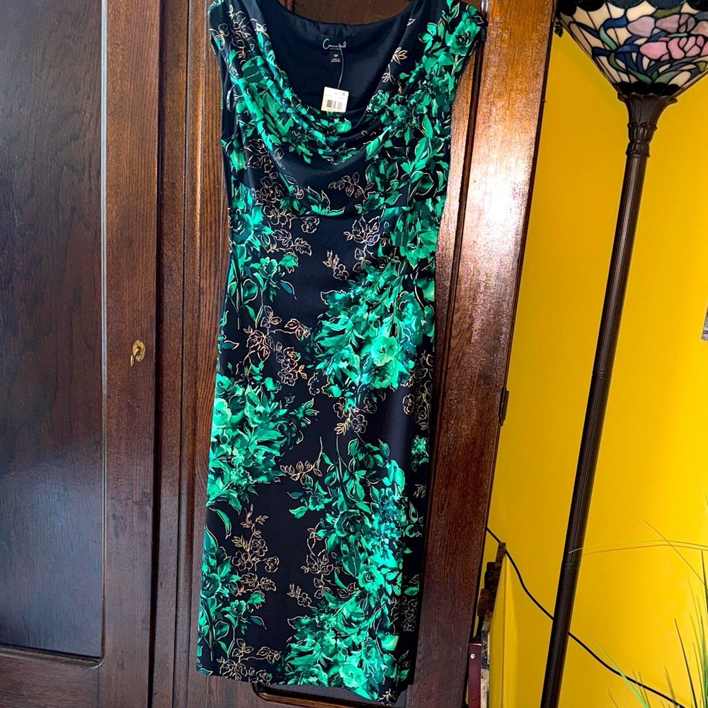 Connected Apparel Black Gold & Emerald Green Floral Sleeveless Sheath Dress